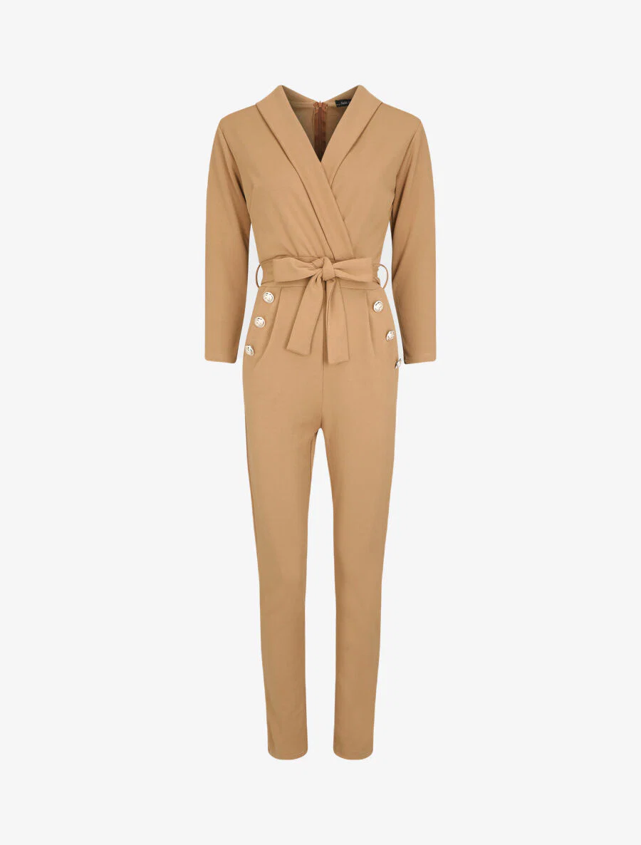 Slim-fit jumpsuit met overslaghals - Kameel