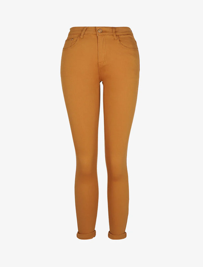 Slimme stretch jeans met hoge taille - Mosterd