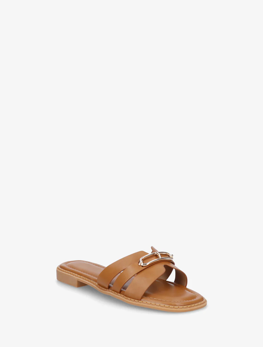 Slippers van imitatieleer met metalen inzetstuk - Kameel - Image 2