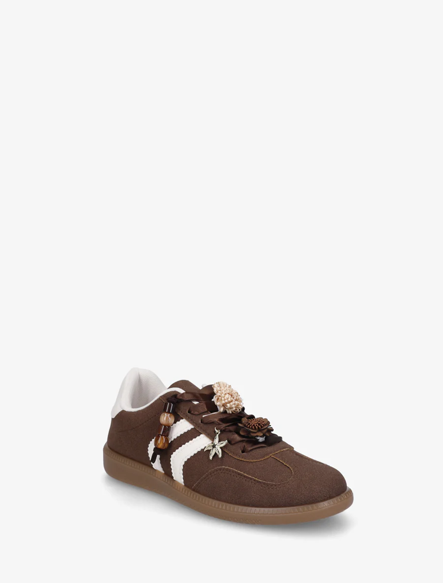 Sneakers met bloemen- en houten parelinzetstukken - Bruin - Image 2