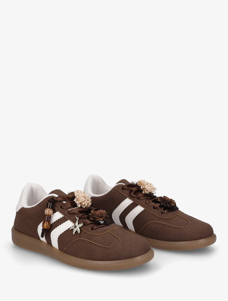 Sneakers met bloemen- en houten parelinzetstukken - Bruin - Image 4