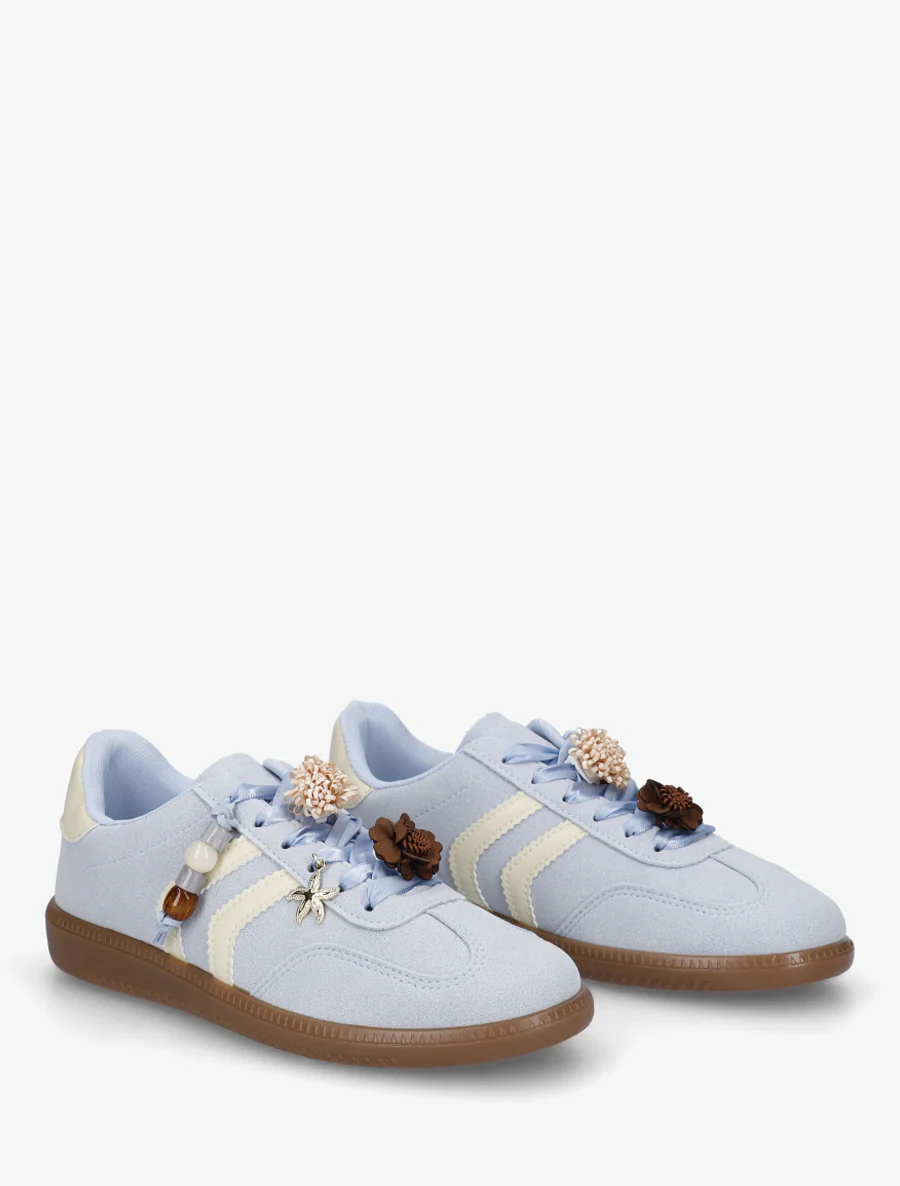 Sneakers met bloemen- en houten parelinzetstukken - Lichtblauw - Image 4