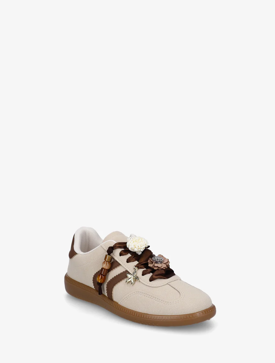 Sneakers met bloemen- en houten parelinzetstukken - Beige - Image 2