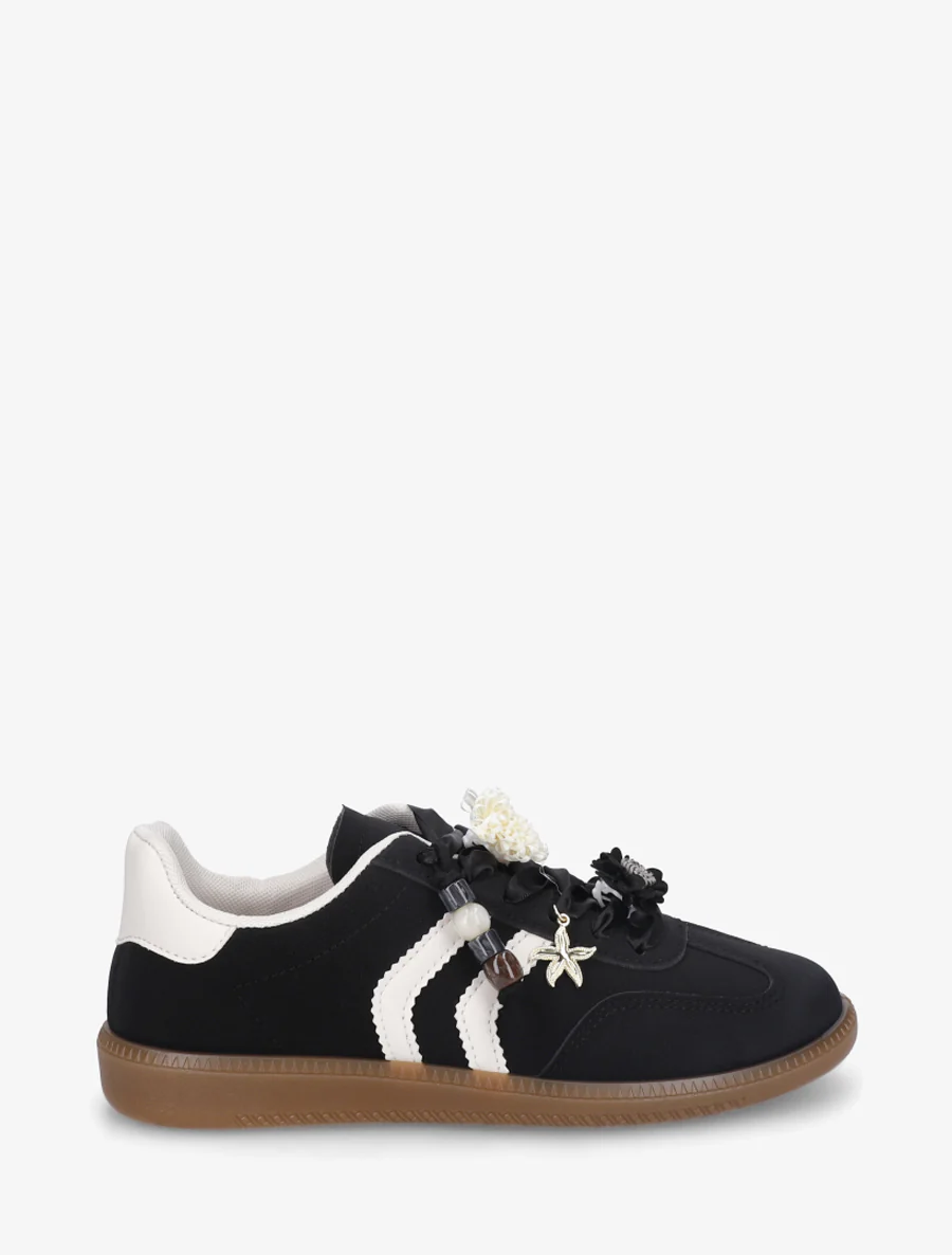 Sneakers met bloemen- en houten parelinzetstukken - Zwart