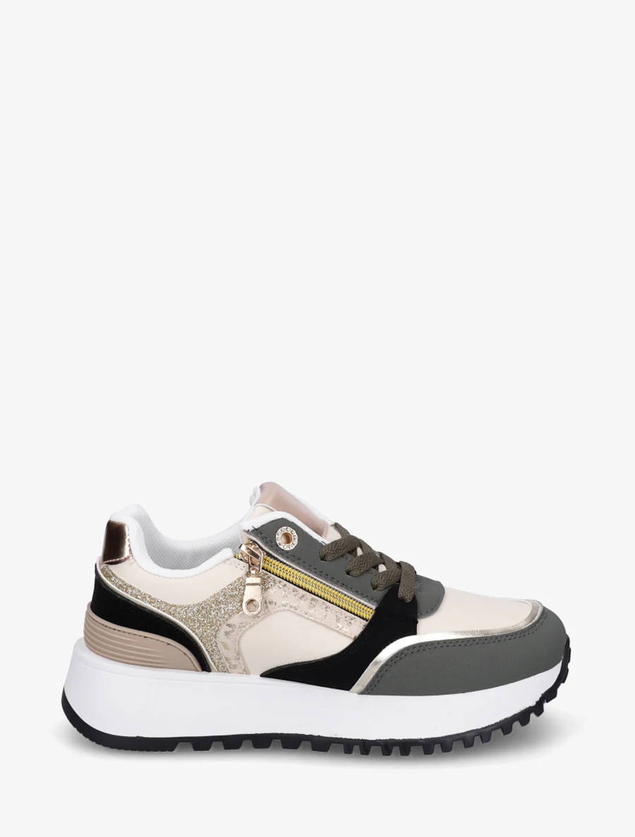 Sneakers met decoratieve rits en ongelijke banden - Kaki
