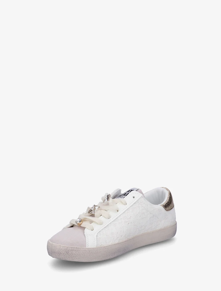 Sneakers met kanten versiering en strass juwelen - Goud - Image 3