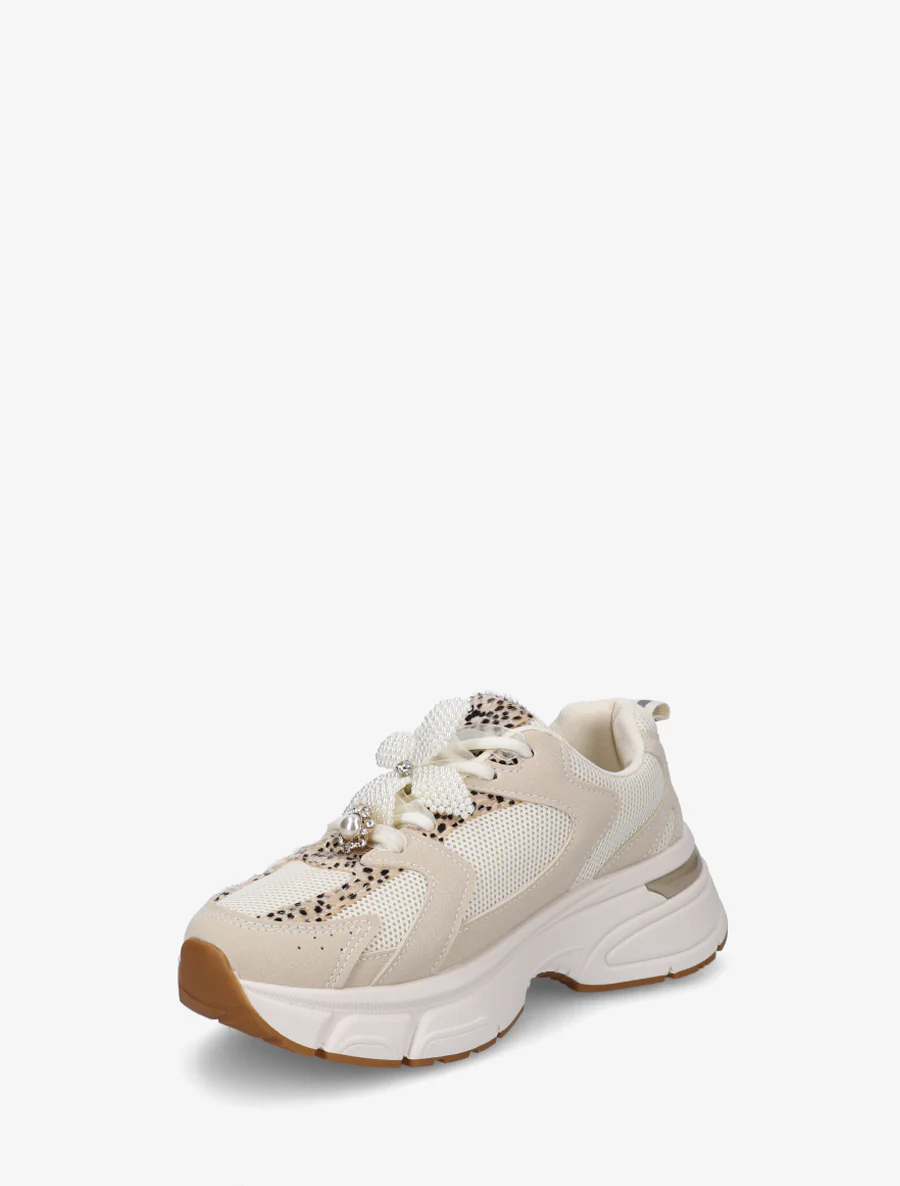 Sneakers met lintveters en bloem van parels - Beige - Image 3