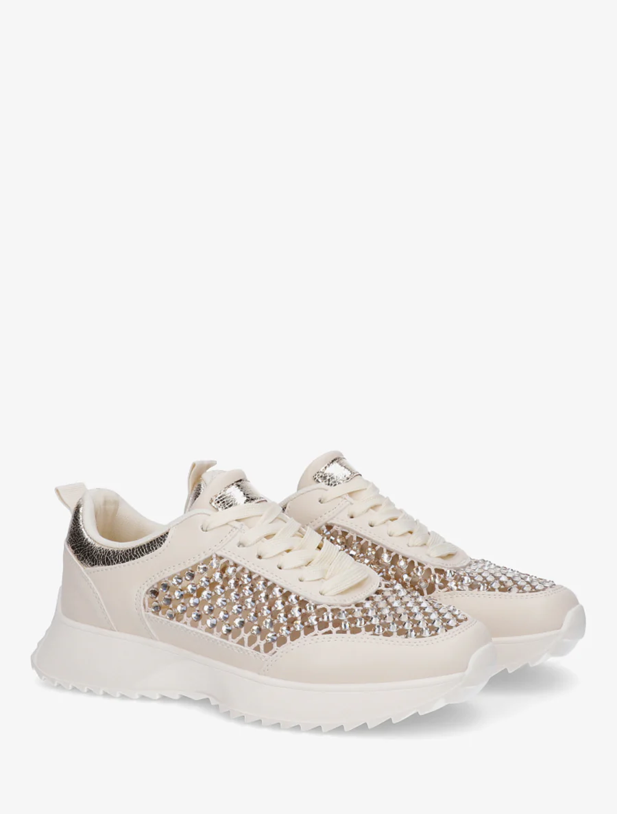 Sneakers met opengewerkte details en strass. - Beige - Image 4