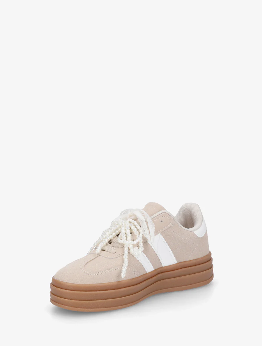 Sneakers van imitatie-nubuck met gestileerde veters. - Beige - Image 3
