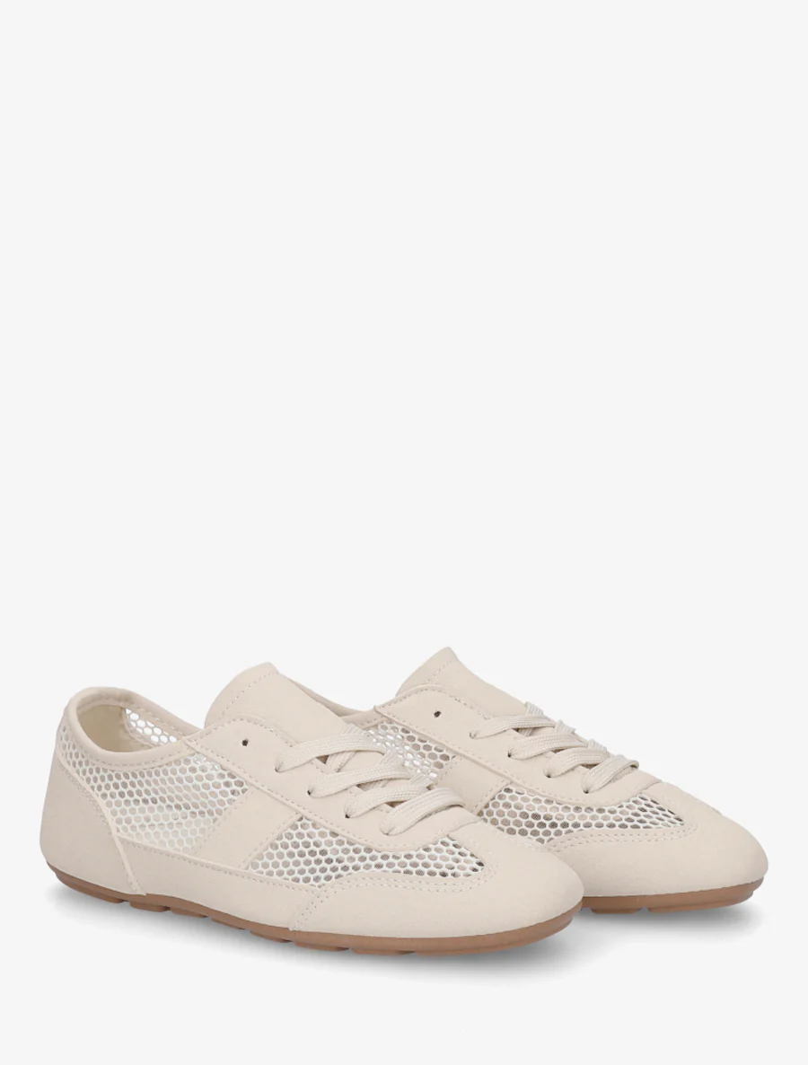 Sneakers van imitatieleer en opengewerkt textiel - Beige - Image 4