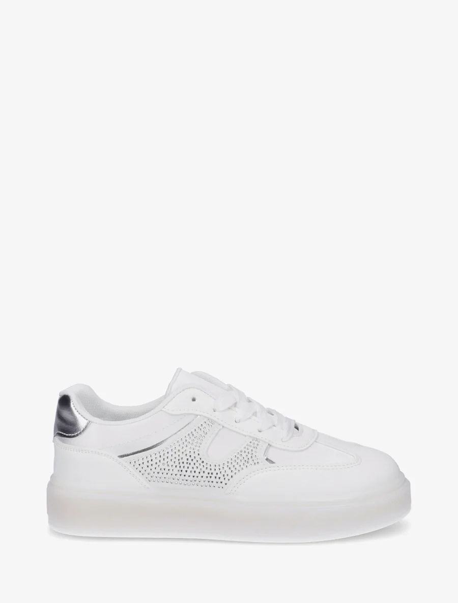 Sneakers van imitatieleer en satijnstof met strass. - Wit