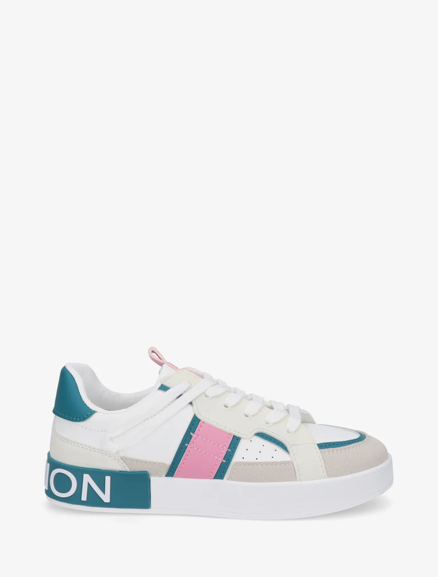 Sneakers van imitatieleer met iriserende band - Eendenblauw