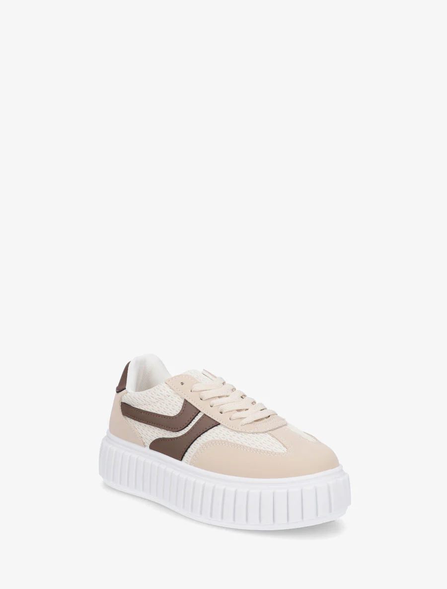 Sneakers van twee materialen met een gestreept plateauzool. - Beige - Image 2