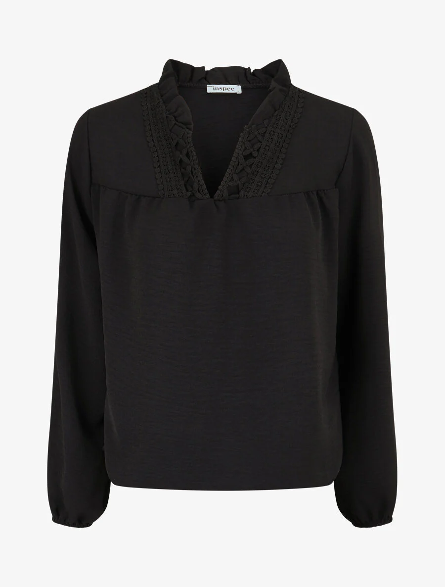 Soepele blouse met geborduurde V-hals - Zwart