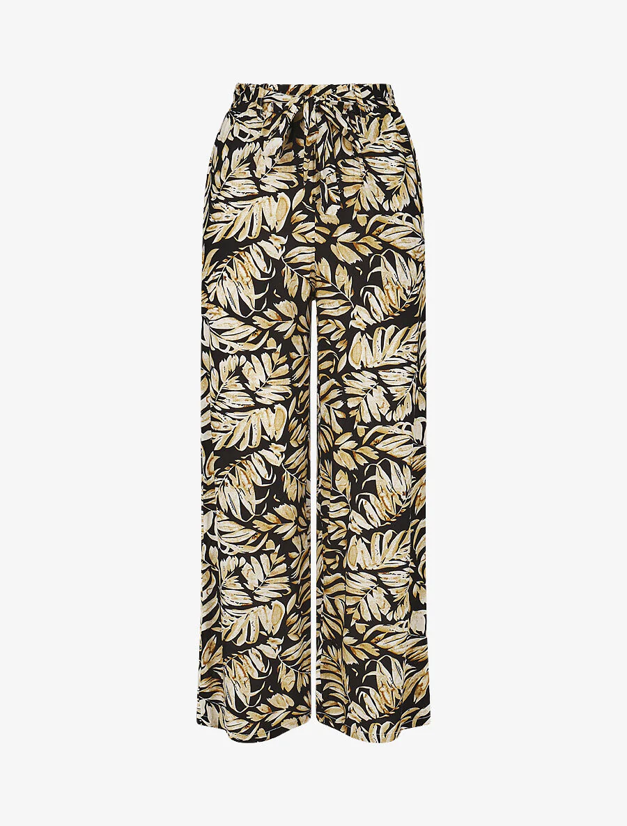 Soepele elastische broek met bladerenprint - Zwart