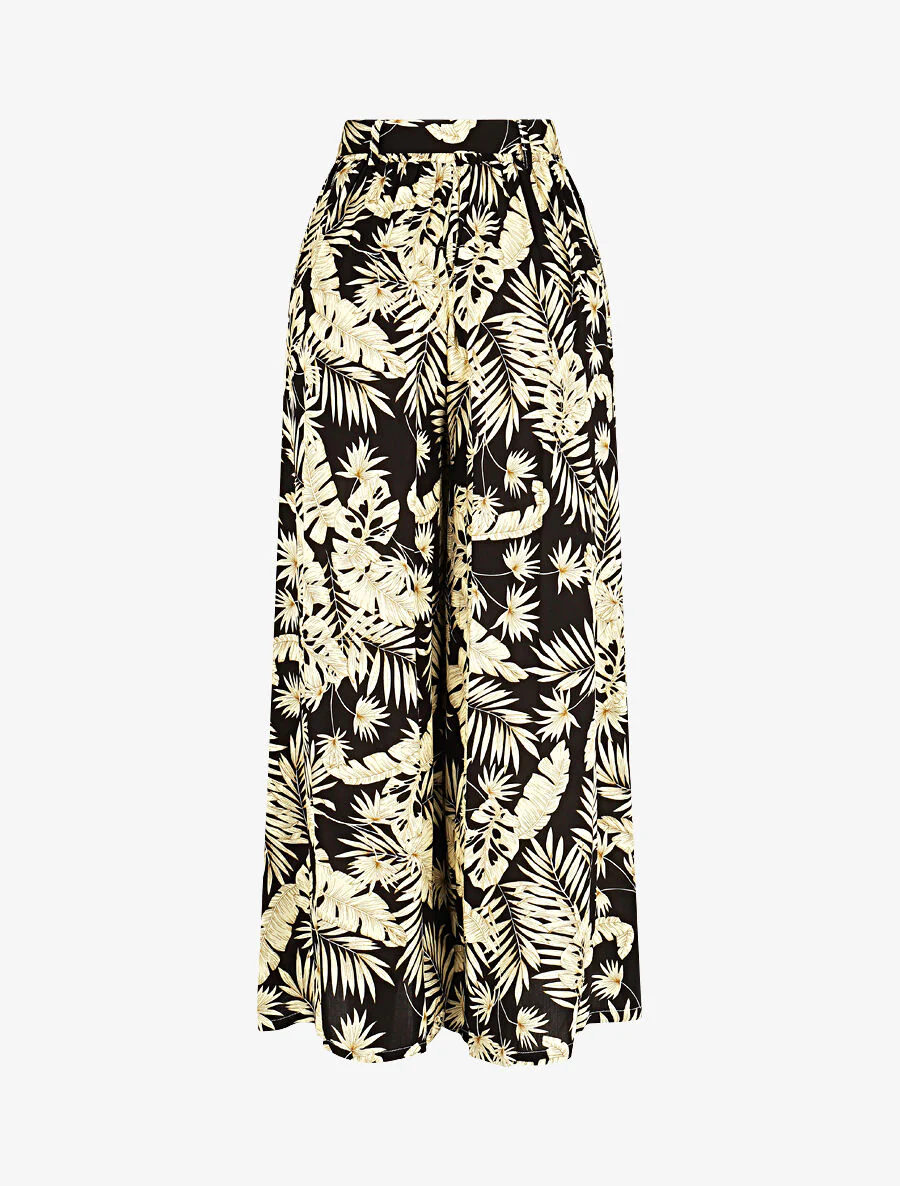 Soepele elastische broek met bladerenprint - Zwart - Image 2