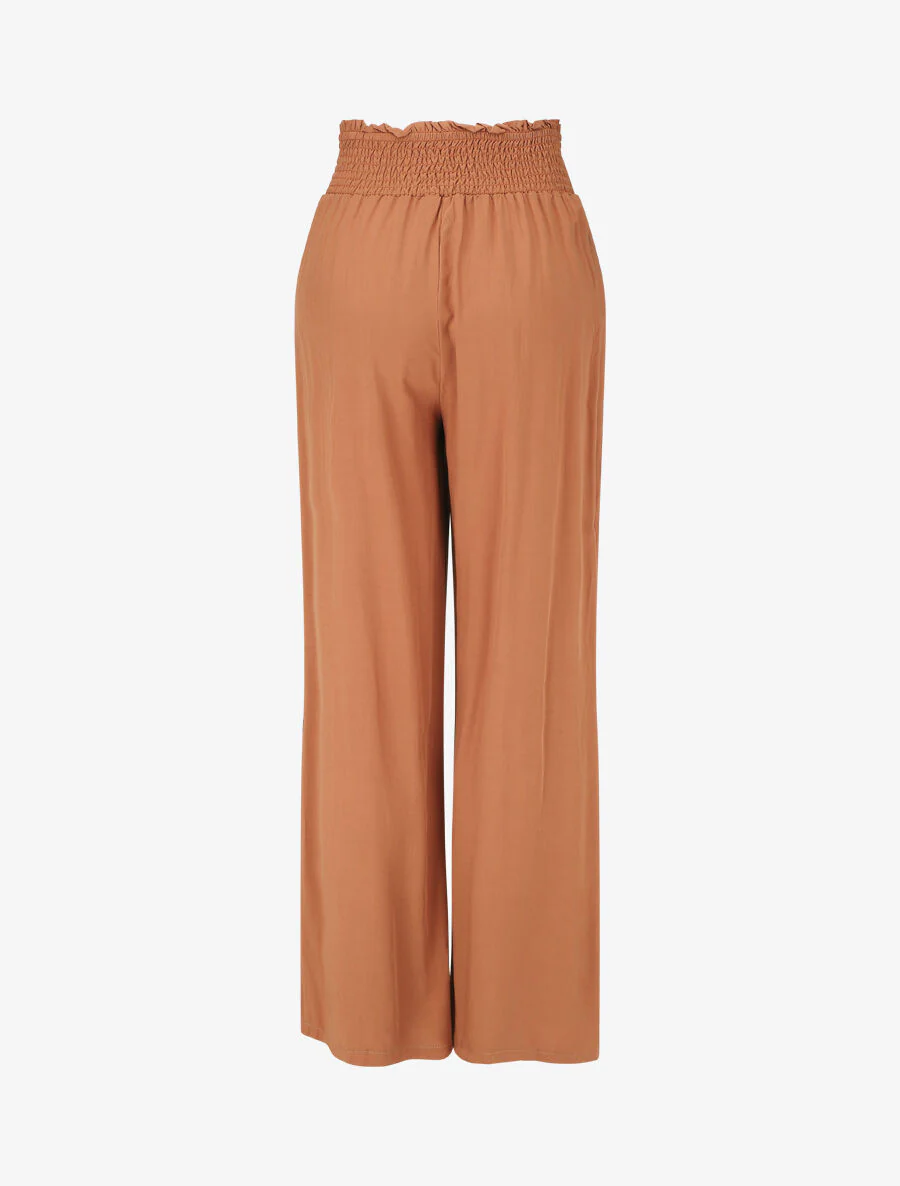Soepelvallende effen broek met elastische tailleband - Kameel - Image 2