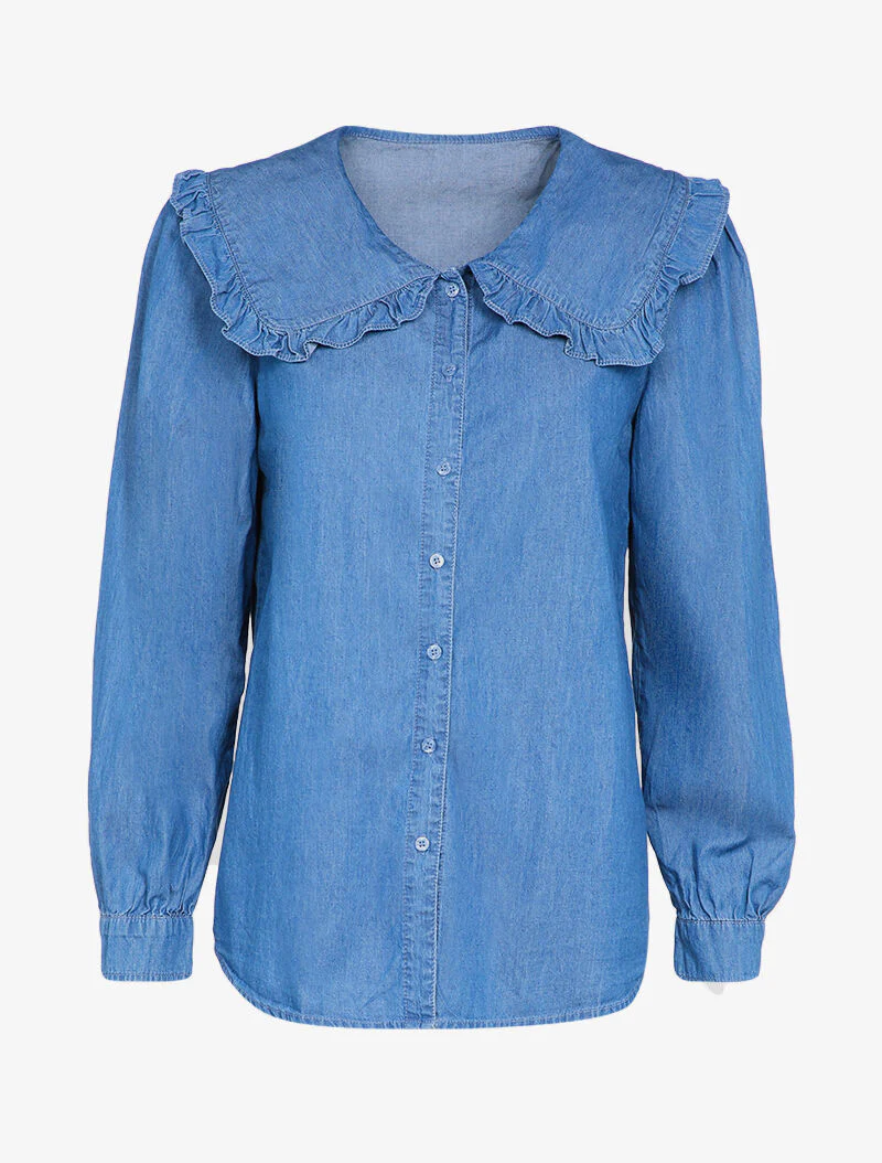 Spijkerblouse met ruches op de kraag - Blauw denim