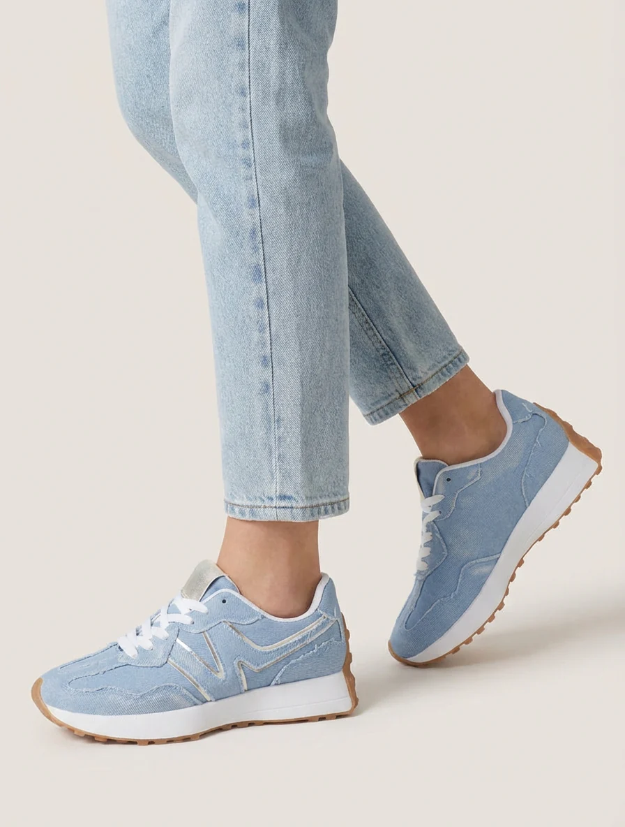 Spijkerstoffen sneakers met iriserend detail - Lichtblauw - Image 5