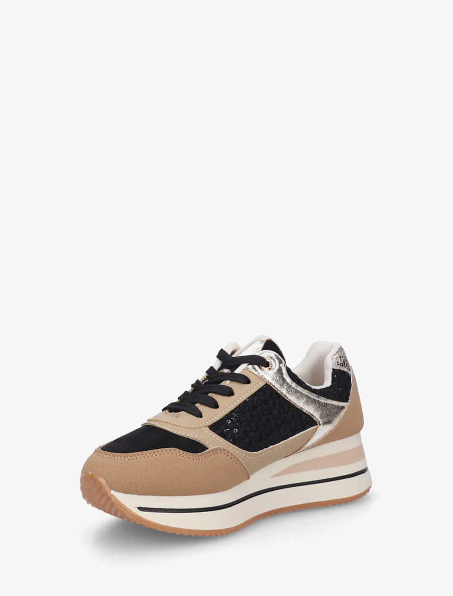 Sportschoenen met mesh inzetstukken en pailletten - Beige/zwart - Image 3