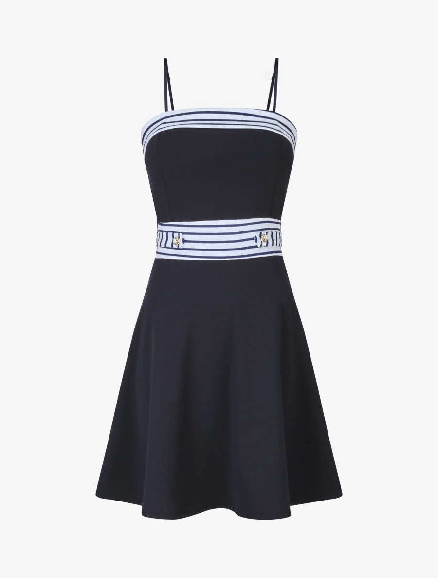 Streepjesjurk met gepleisterd bovenlijf en taille - Donkerblauw
