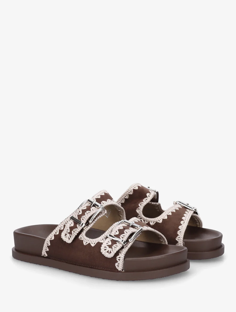 Suède dubbelgesp sandalen met borduursels - Bruin - Image 4