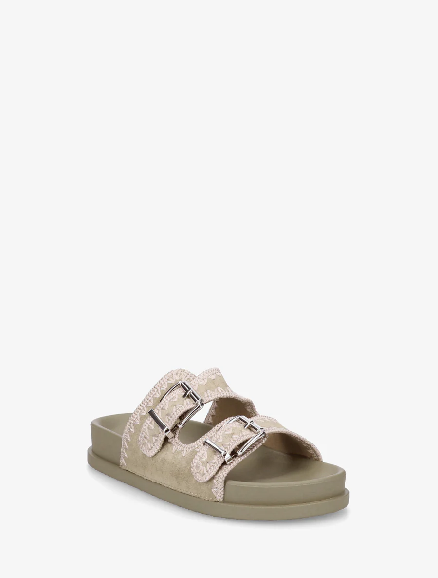 Suède dubbelgesp sandalen met borduursels - Kaki - Image 2
