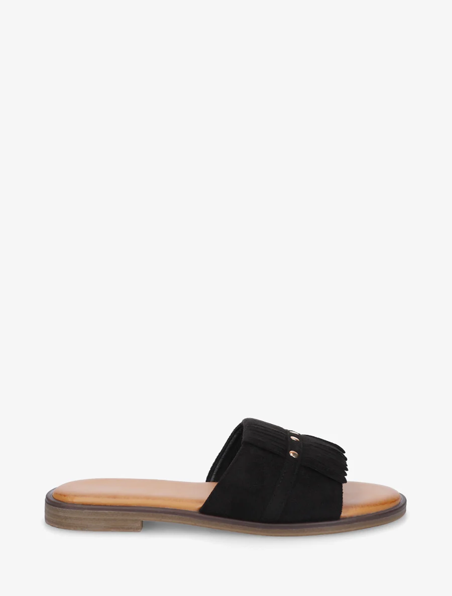 Suède franjes slippers - Zwart