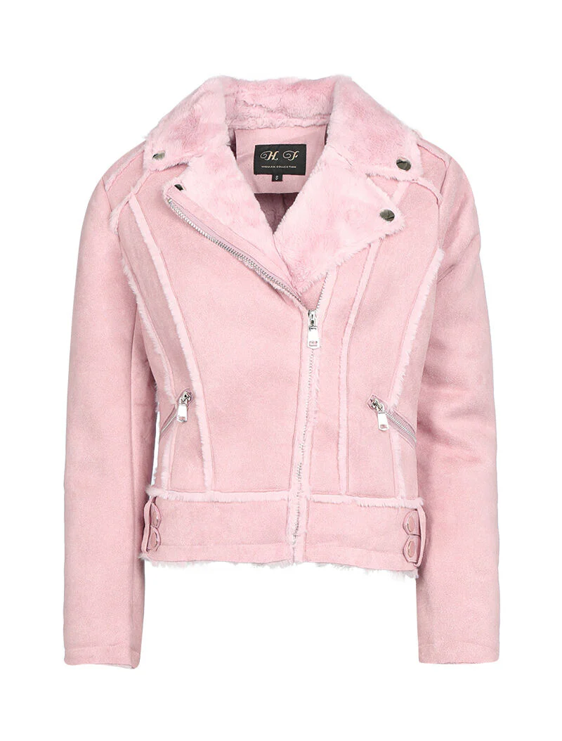 Suède jas met bontkraag - roze