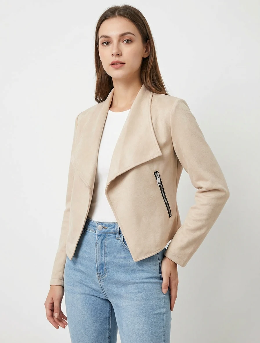 Suède jasje met sjaalkraag - Beige - Image 4