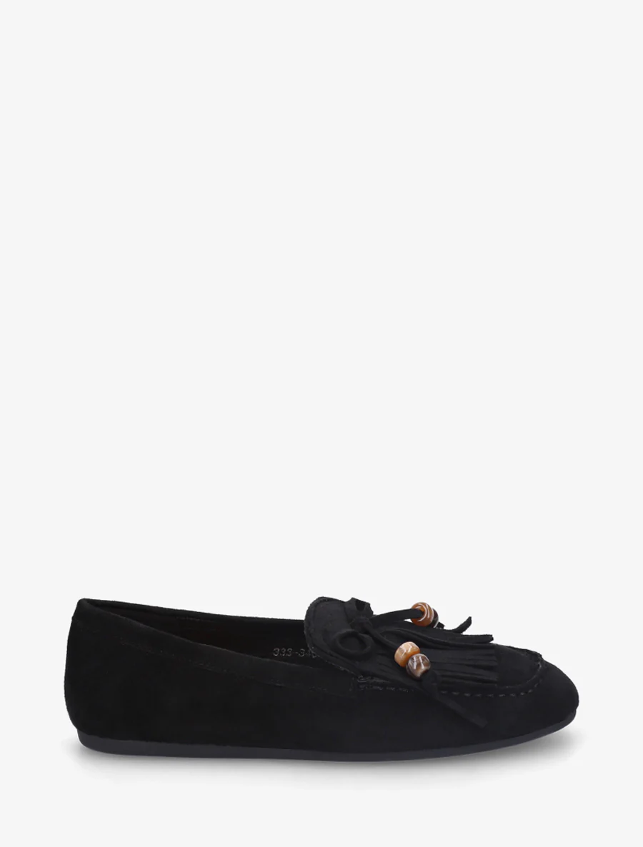 Suède mocassins met franjes en parels - Zwart