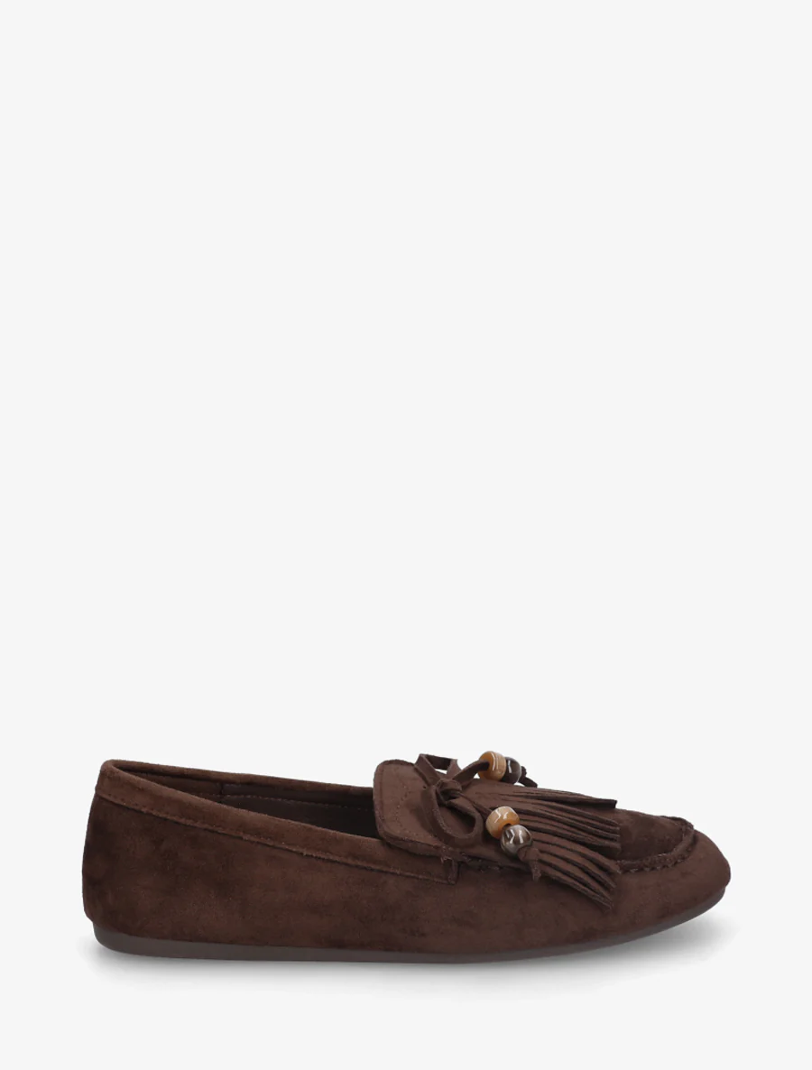 Suède mocassins met franjes en parels - Bruin