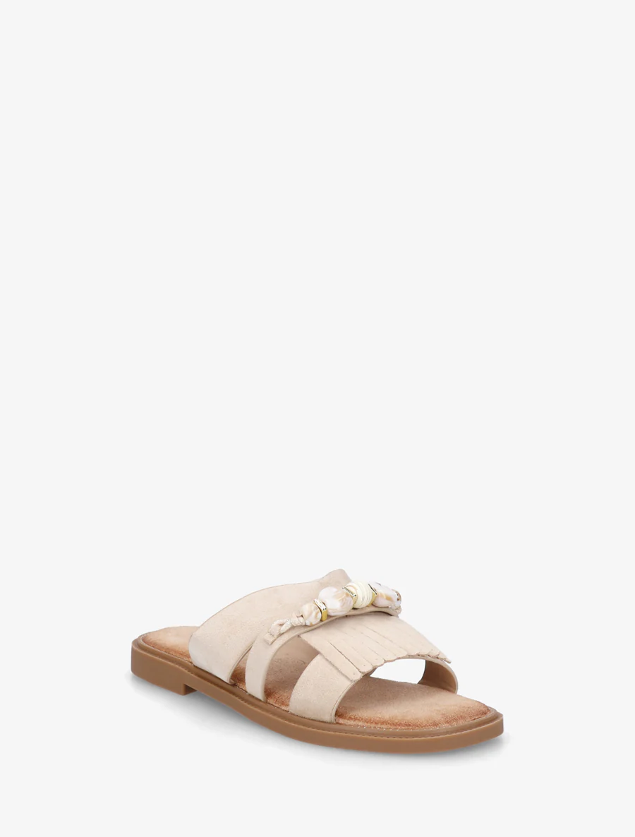 Suède muiltjes met franjes en parels - Beige - Image 2