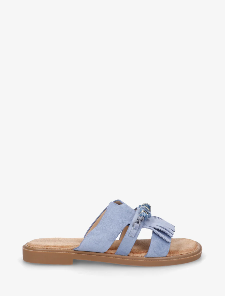 Suède muiltjes met franjes en parels - Blauw