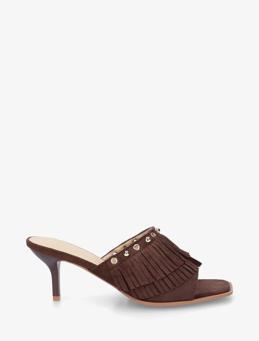 Suède muiltjes met franjes en studs - Bruin