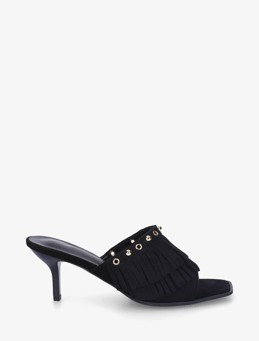 Suède muiltjes met franjes en studs - Zwart