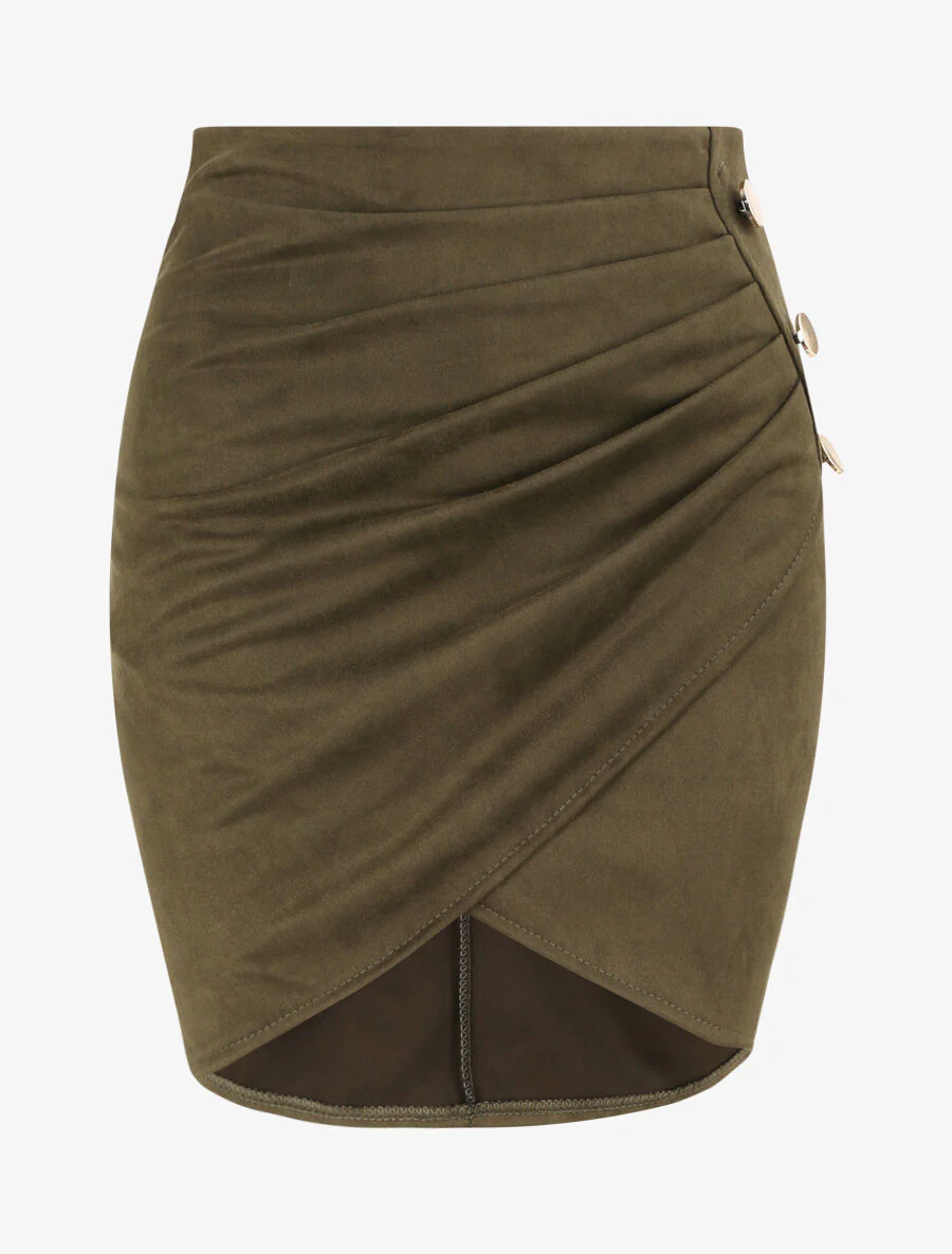 Portefeuille stijl gedrapeerde suèdine rok - Kaki