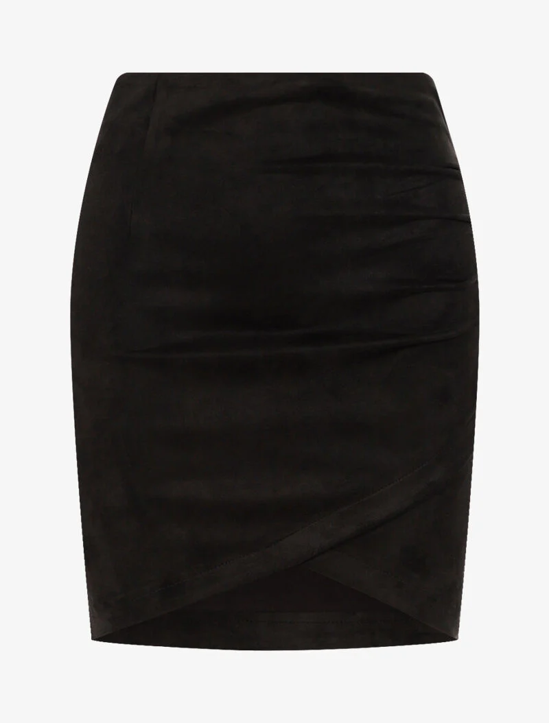 Suède rok in wikkelstijl met drapering - zwart