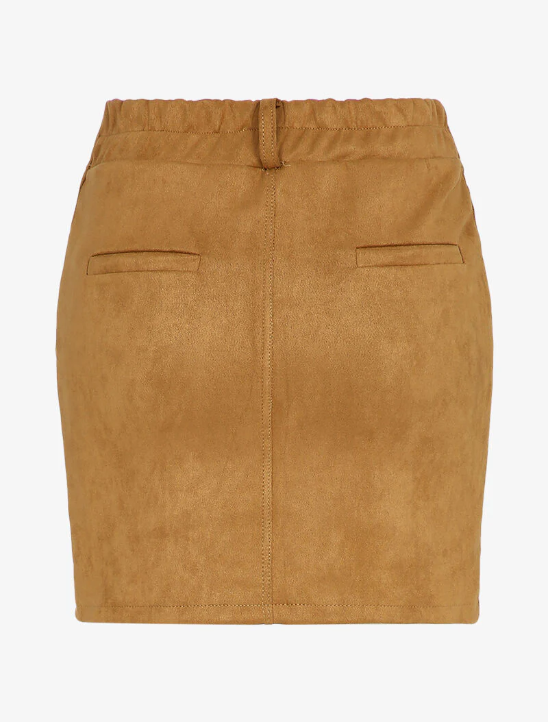 Suède rok met knopen en elastische taille - Camel - Image 2