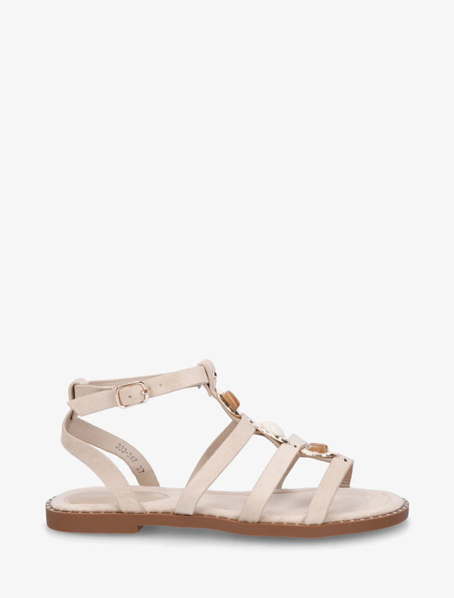 Suède sandalen met drie stenen inzetstuk - Beige