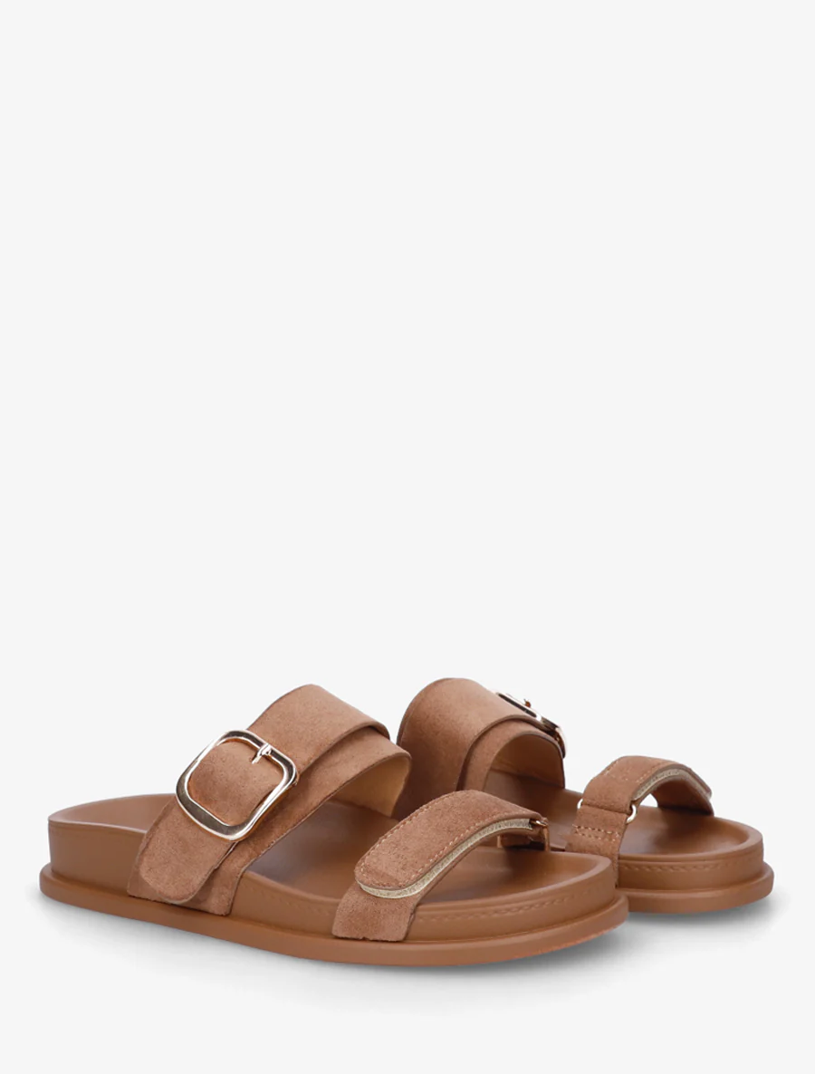 Suède sandalen met klittenband. - Kameel - Image 4
