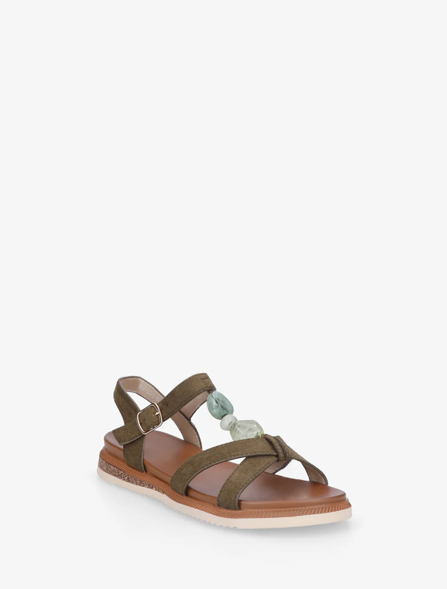 Suède sandalen met sierstenen inzetten. - Kaki - Image 2