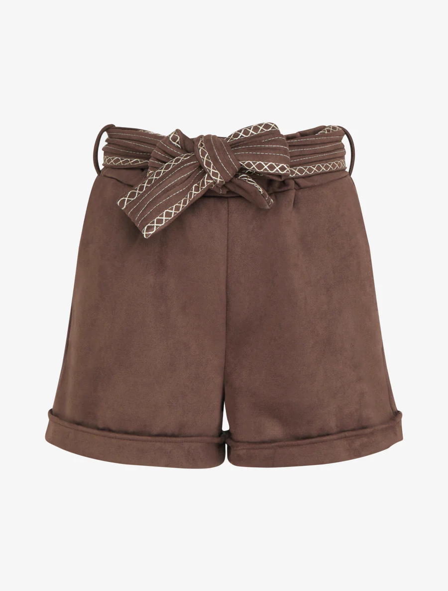 Suède short met geborduurde riem - Bruin