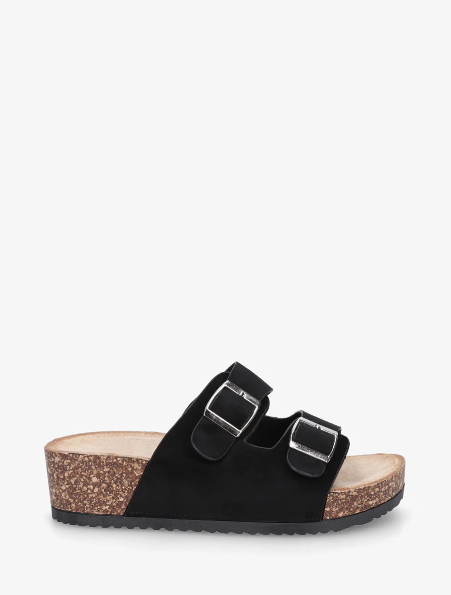 Suède slippers met kurkeffectzool - Zwart
