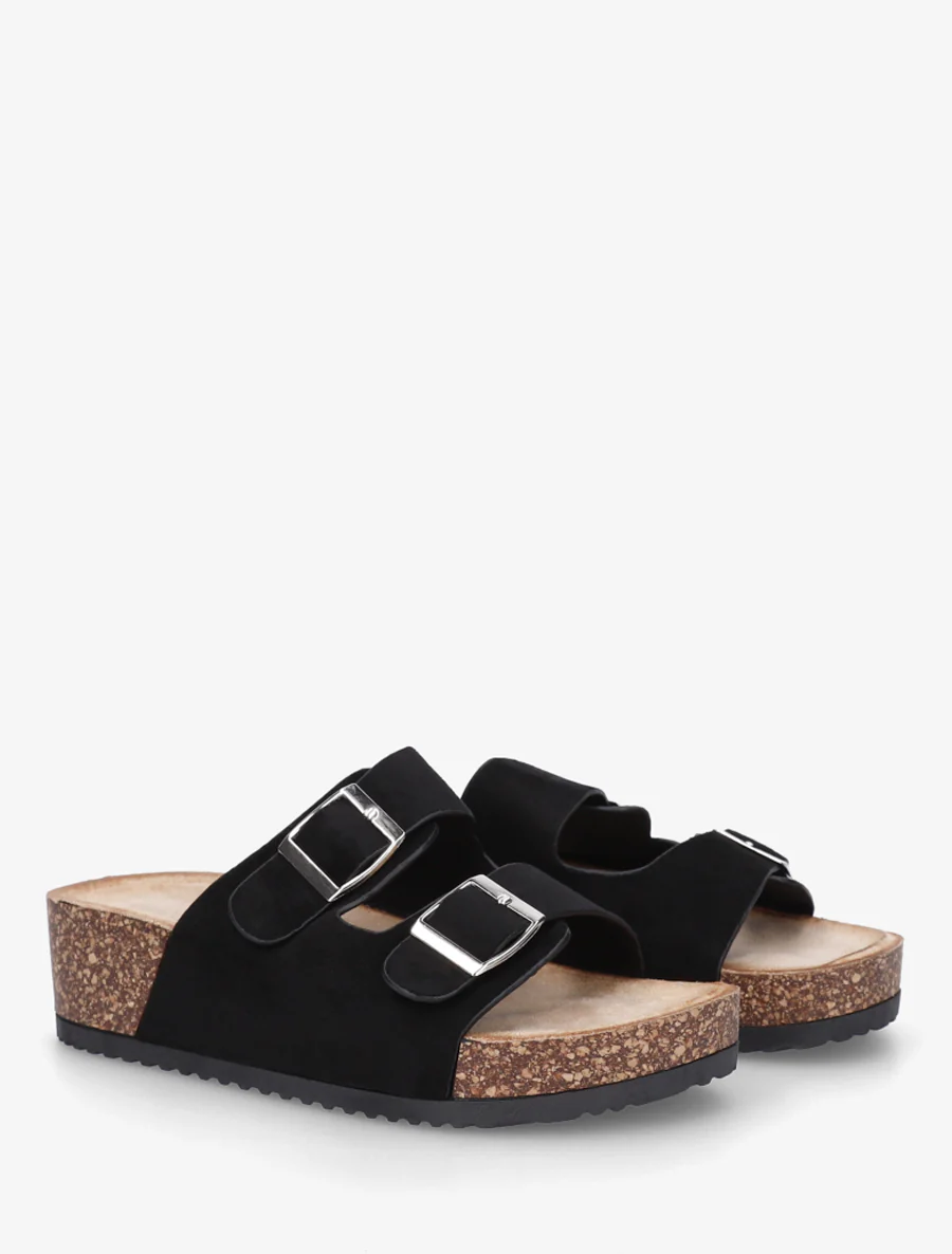 Suède slippers met kurkeffectzool - Zwart - Image 4