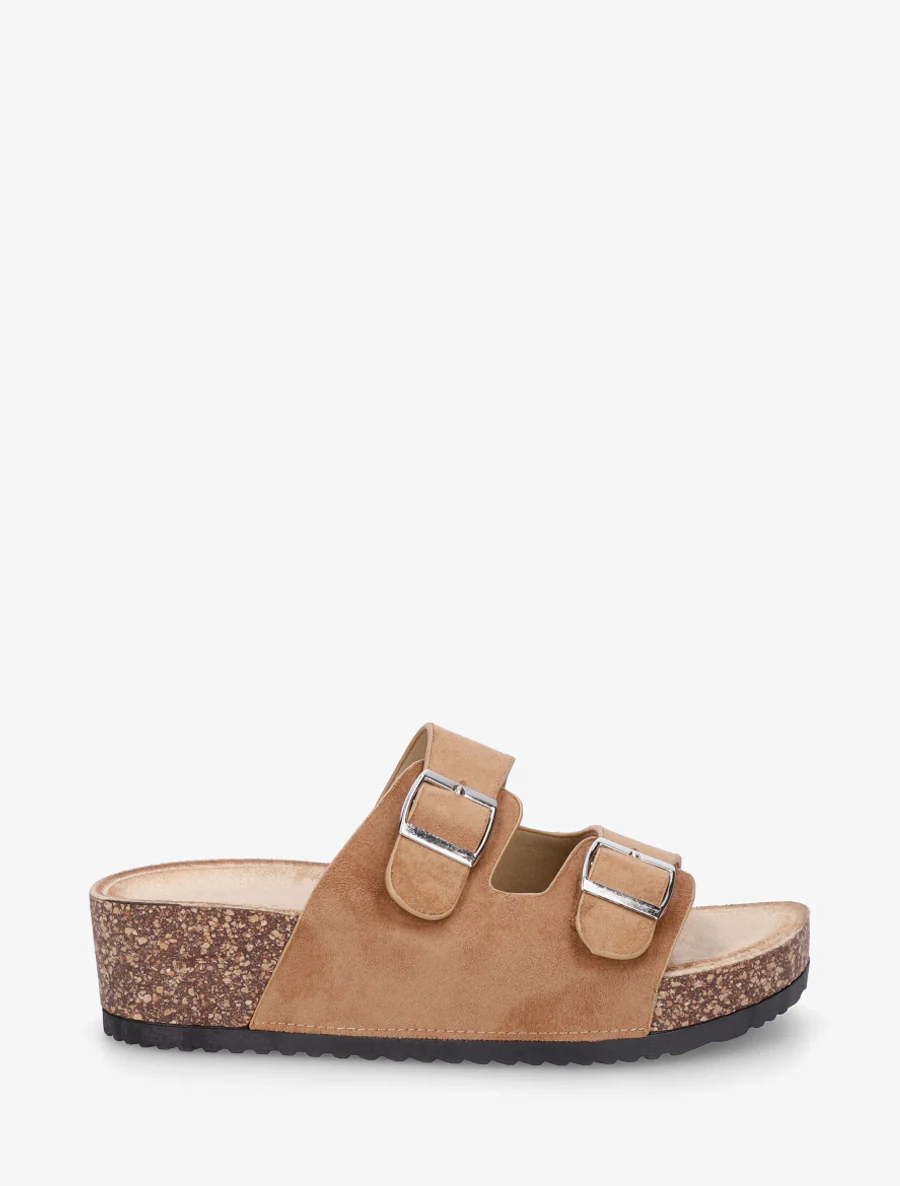 Suède slippers met kurkeffectzool - Kameel