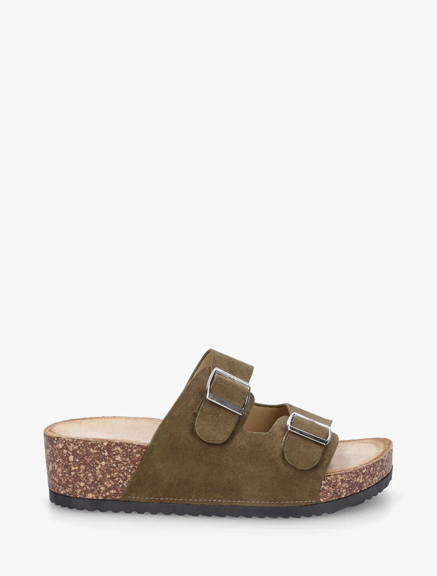 Suède slippers met kurkeffectzool - Kaki