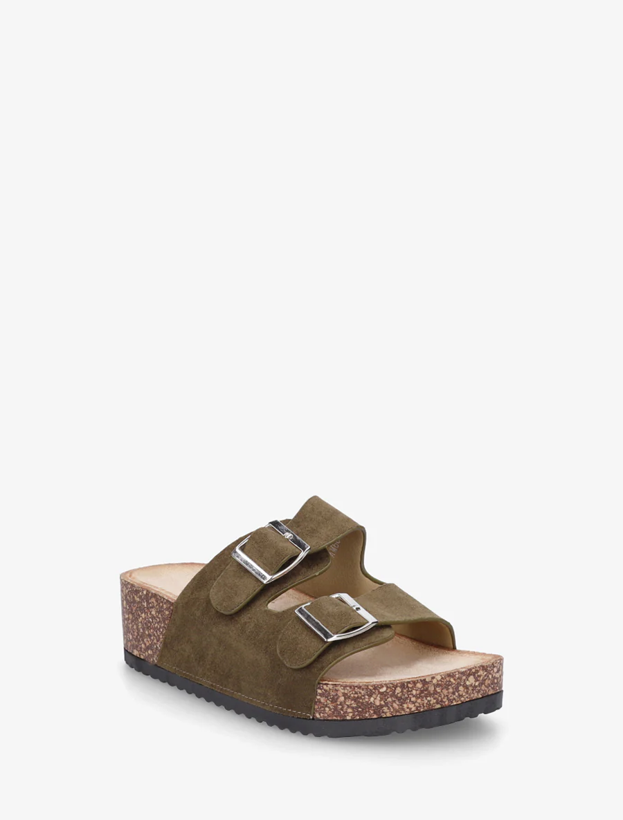 Suède slippers met kurkeffectzool - Kaki - Image 2