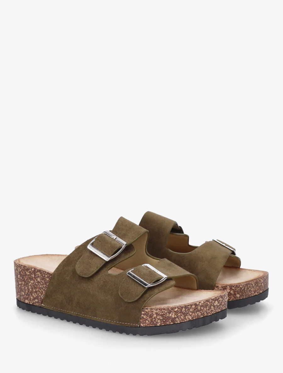 Suède slippers met kurkeffectzool - Kaki - Image 4