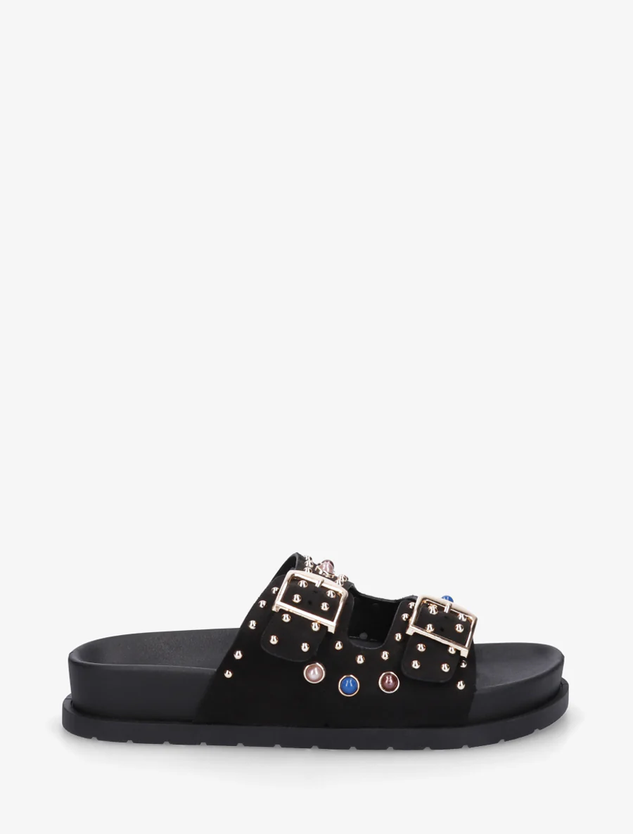 Suède slippers met parels en studs - Zwart